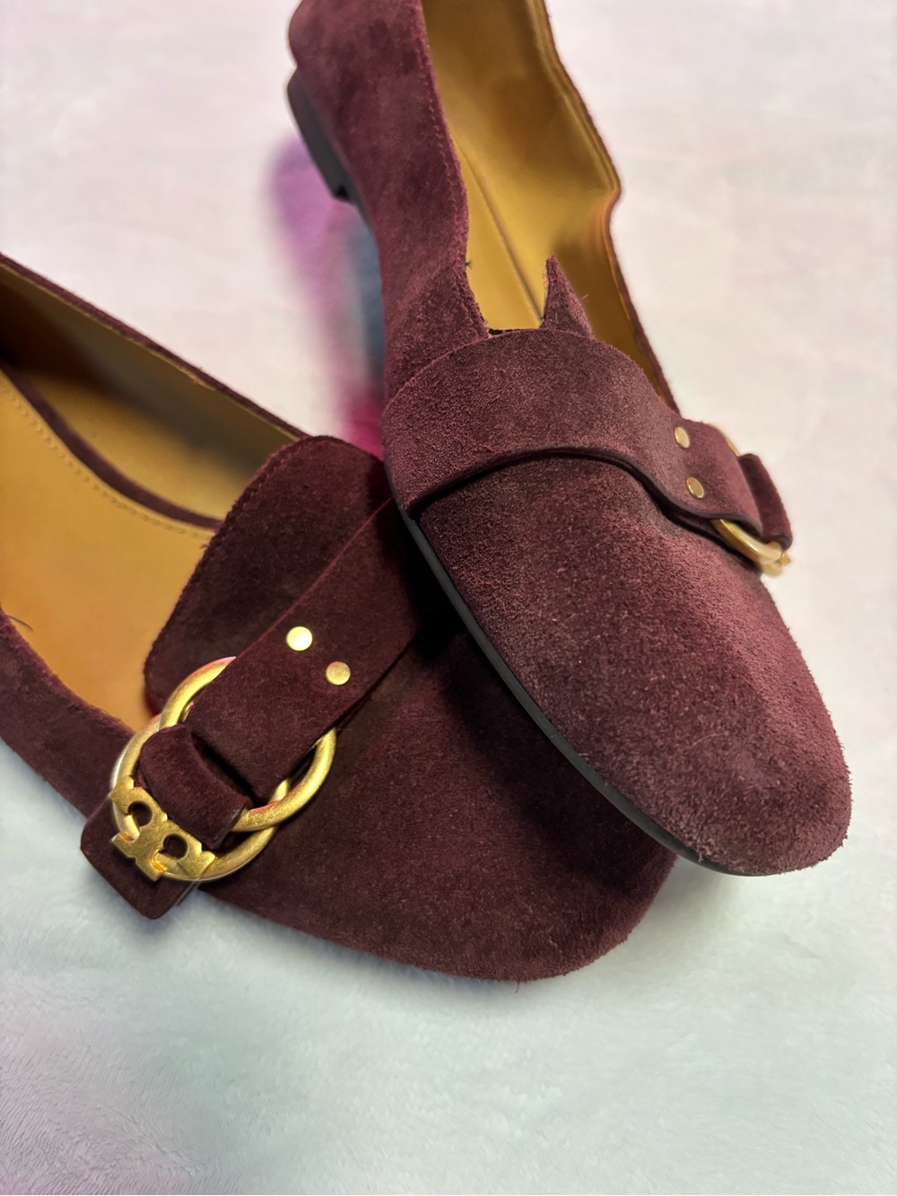 Tory Burch Marsden Burgundy Suede Loafers with Gold Buckle - Picture 5 of 8